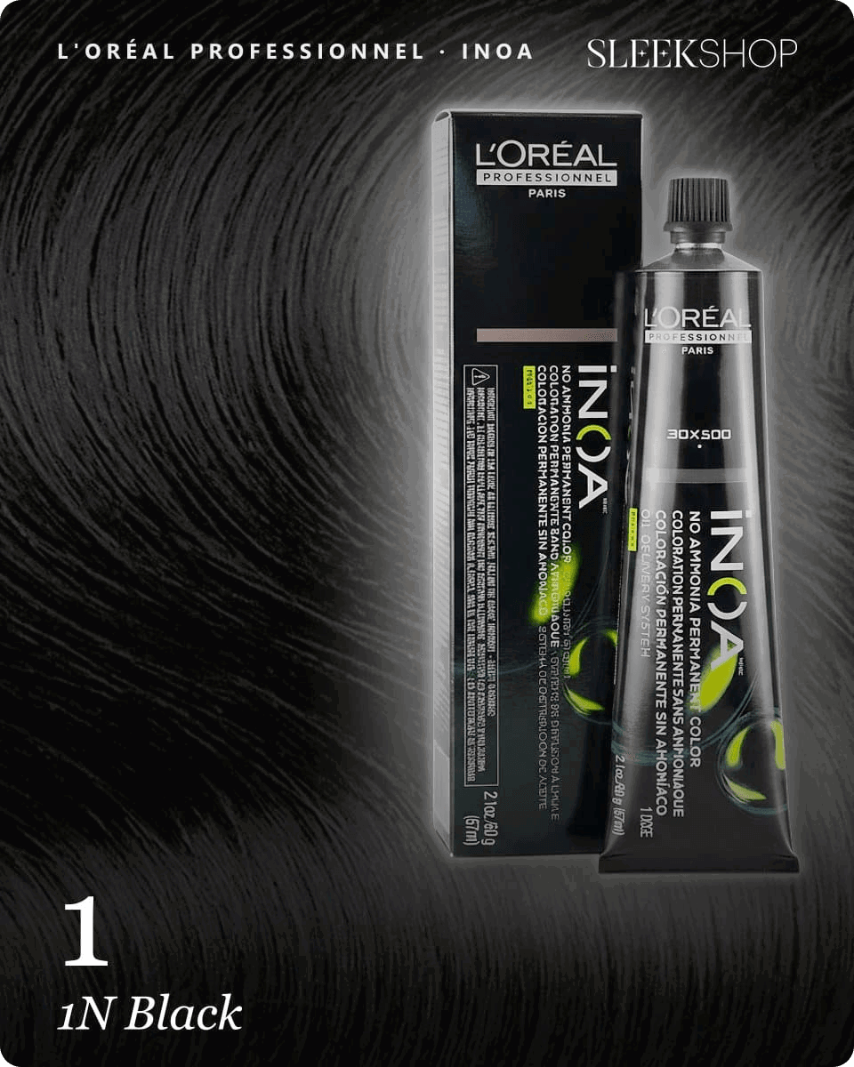 l oreal professionnel inoa 1 1n black hair color -- shade swatch with product packaging