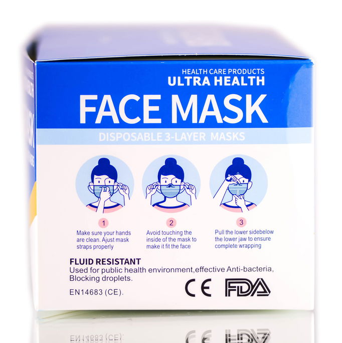 Health Care Products ULTRA HEALTH Disposable 3-Layer Face Masks, Fluid Resistant