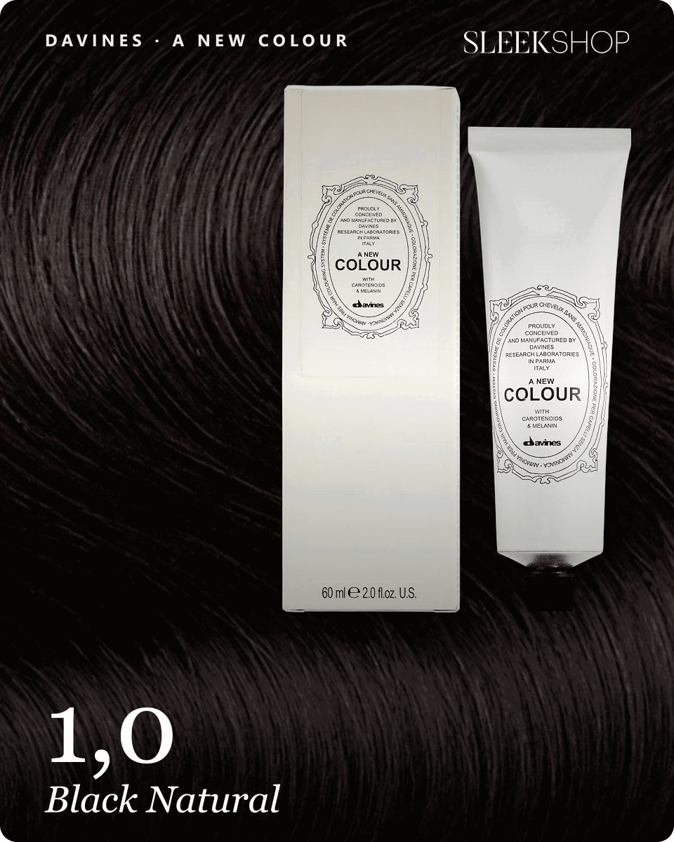 davines a new colour 1,0 black natural hair color -- shade swatch with product packaging