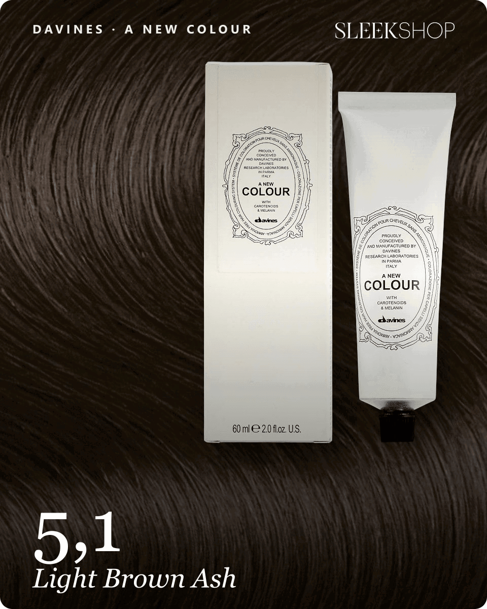 davines a new colour 5,1 light brown ash hair color -- shade swatch with product packaging