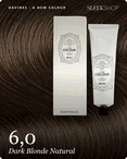 davines a new colour 6,0 dark blonde natural hair color -- shade swatch with product packaging davines a new colour 6,0 dark blonde natural hair color -- shade swatch with product packaging
