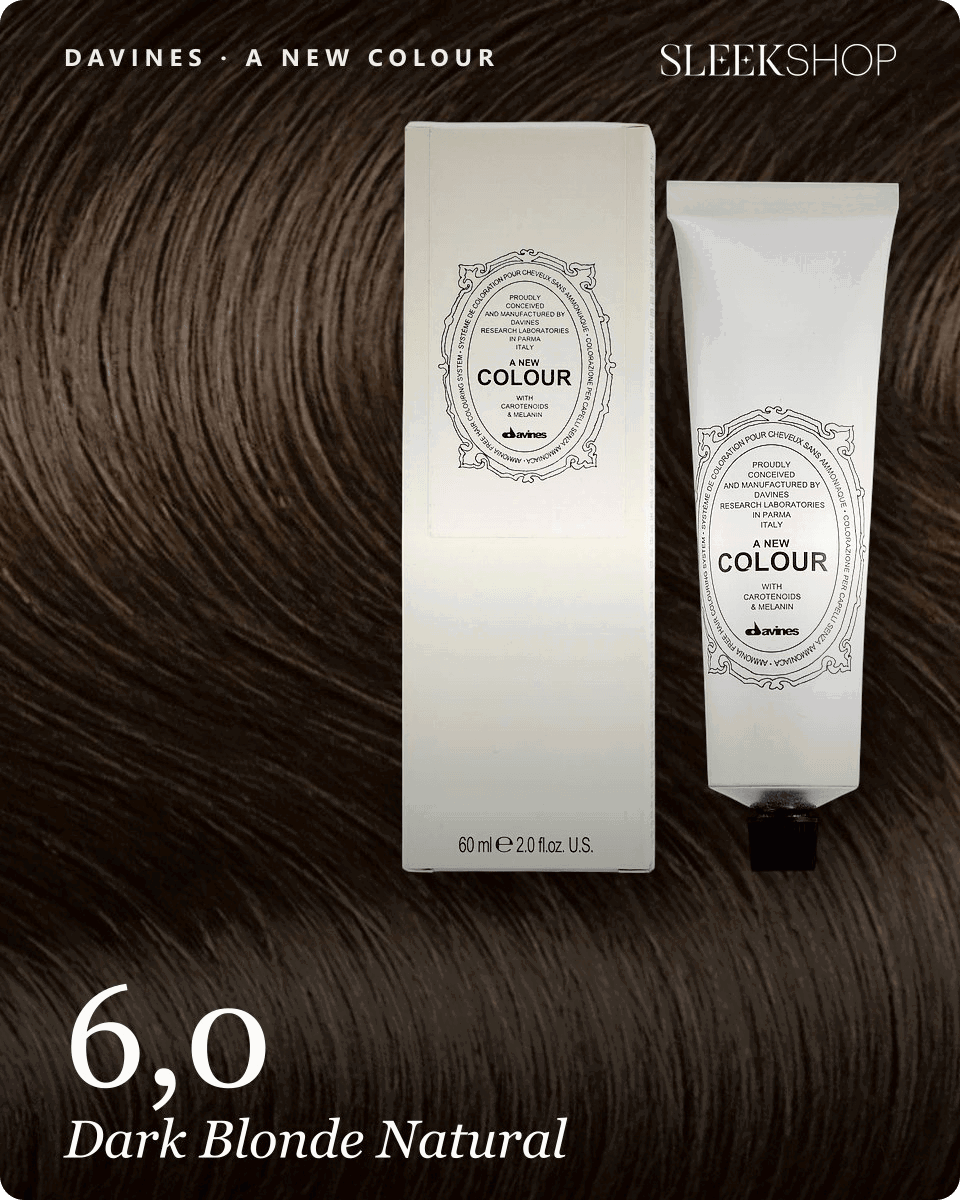 davines a new colour 6,0 dark blonde natural hair color -- shade swatch with product packaging davines a new colour 6,0 dark blonde natural hair color -- shade swatch with product packaging