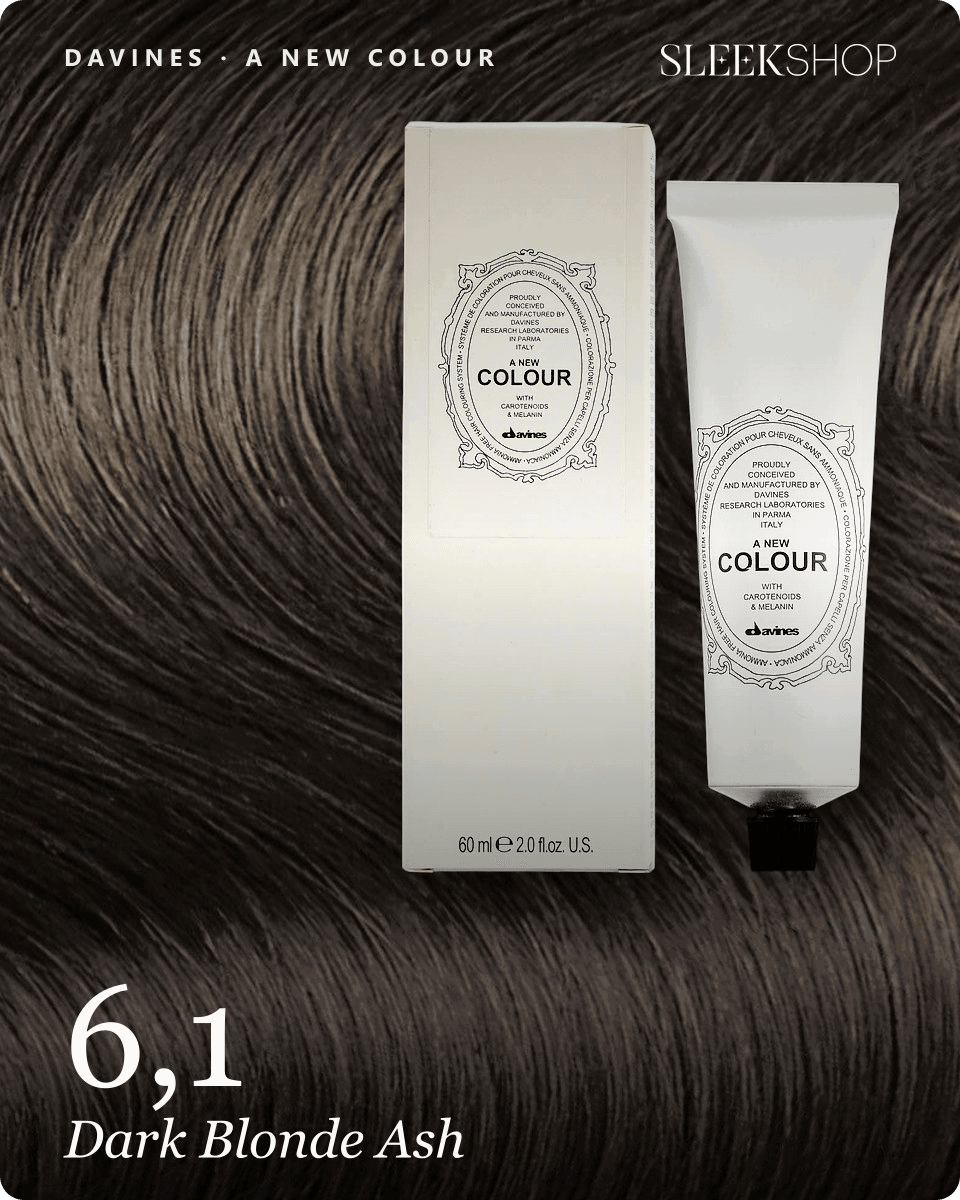 davines a new colour 6,1 dark blonde ash hair color -- shade swatch with product packaging davines a new colour 6,1 dark blonde ash hair color -- shade swatch with product packaging
