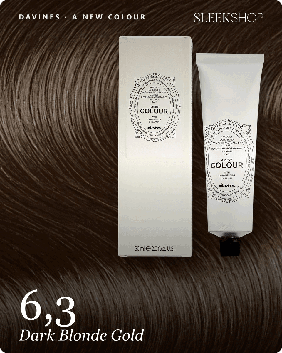 davines a new colour 6,3 dark blonde gold hair color -- shade swatch with product packaging