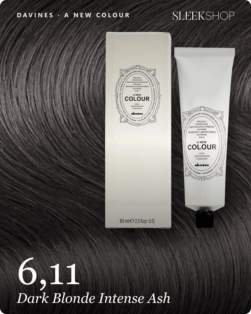 davines a new colour 6,11 dark blonde intense ash hair color -- shade swatch with product packaging