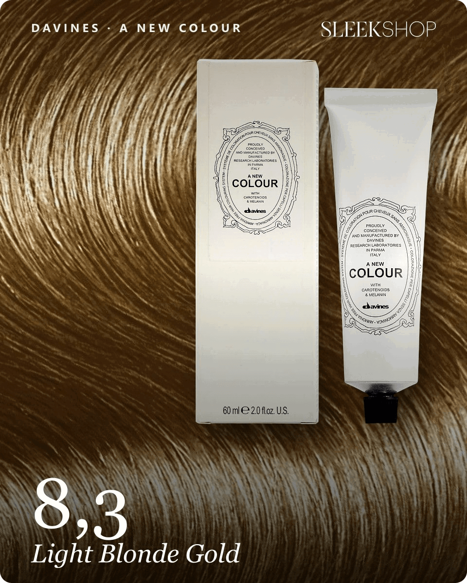 davines a new colour 8,3 light blonde gold hair color -- shade swatch with product packaging