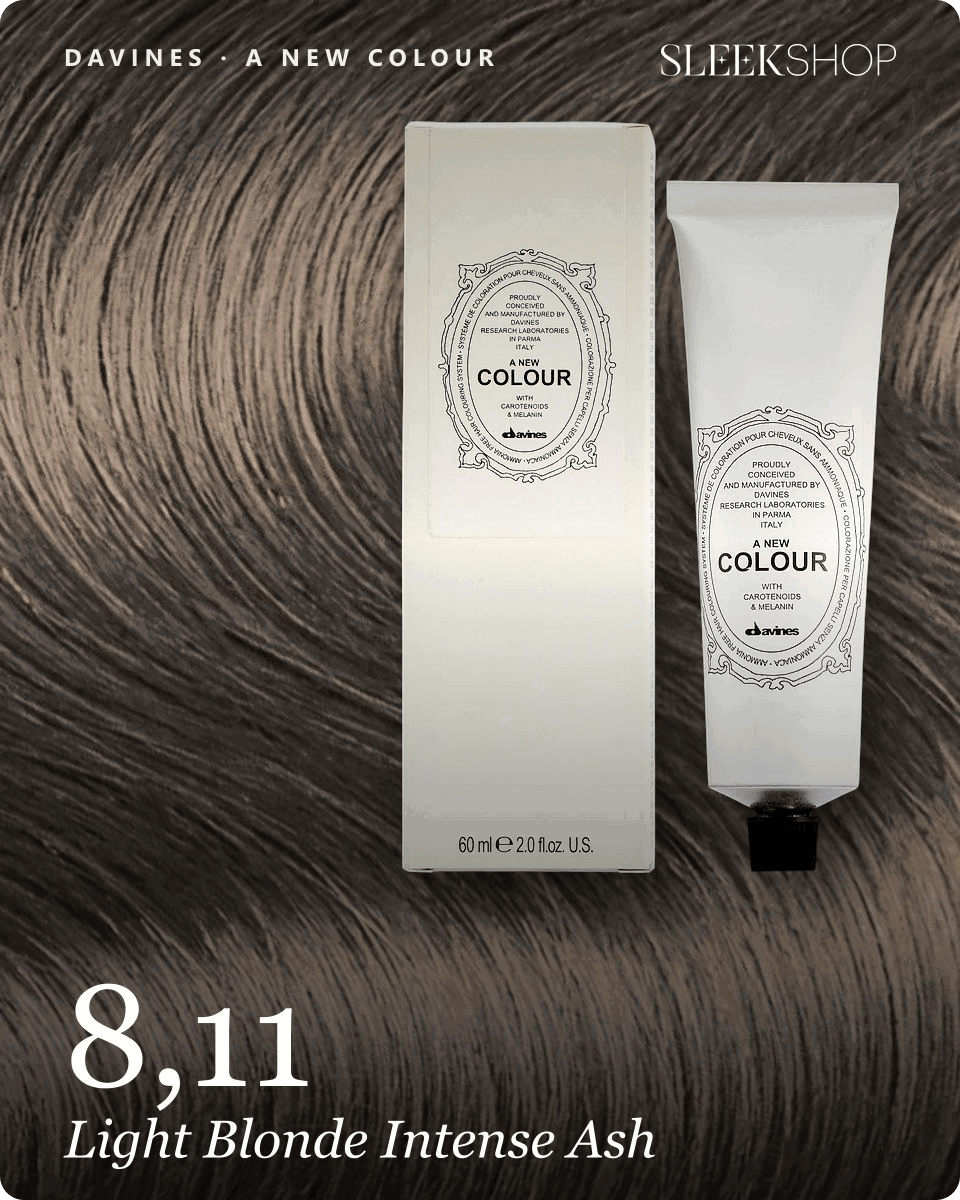 davines a new colour 8,11 light blonde intense ash hair color -- shade swatch with product packaging