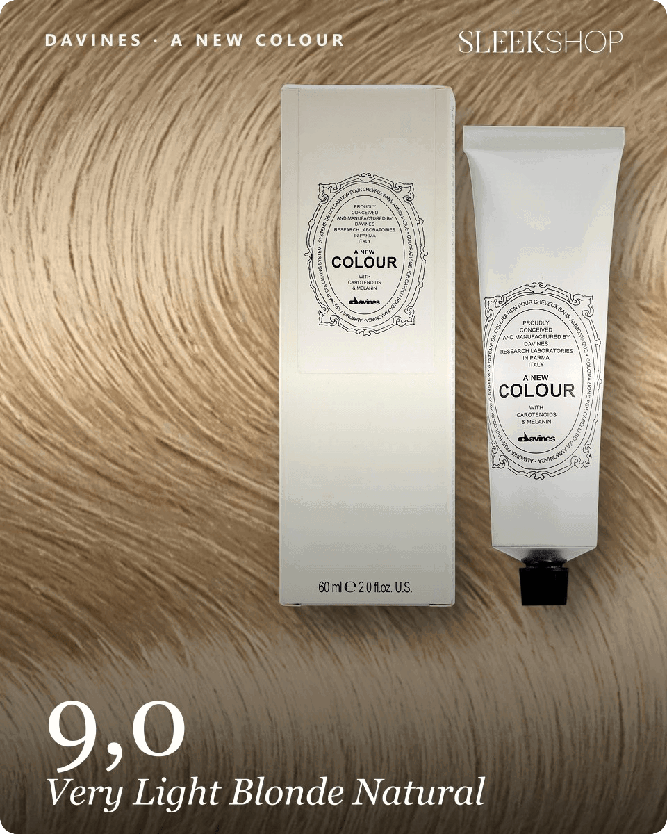 davines a new colour 9,0 very light blonde natural hair color -- shade swatch with product packaging davines a new colour 9,0 very light blonde natural hair color -- shade swatch with product packaging