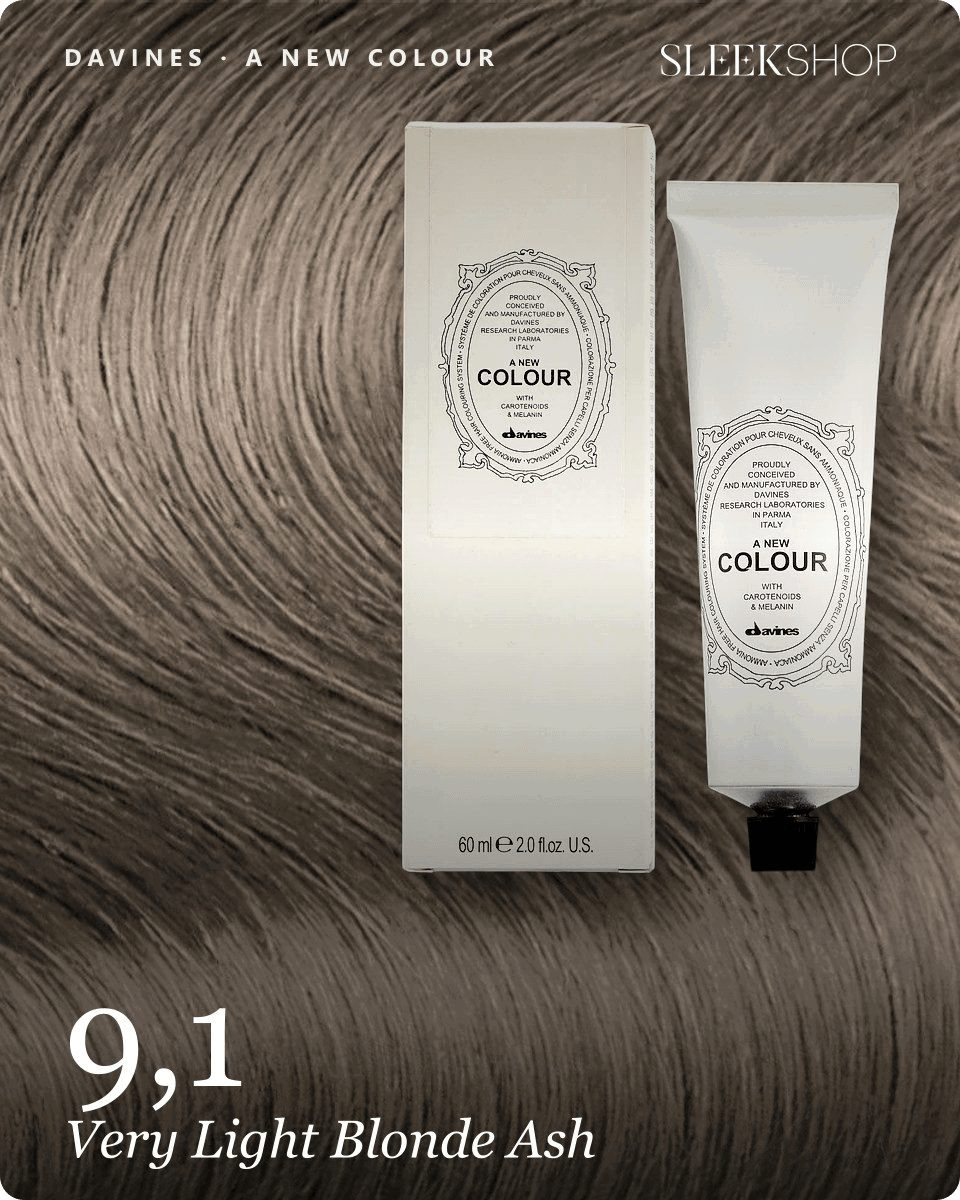 davines a new colour 9,1 very light blonde ash hair color -- shade swatch with product packaging