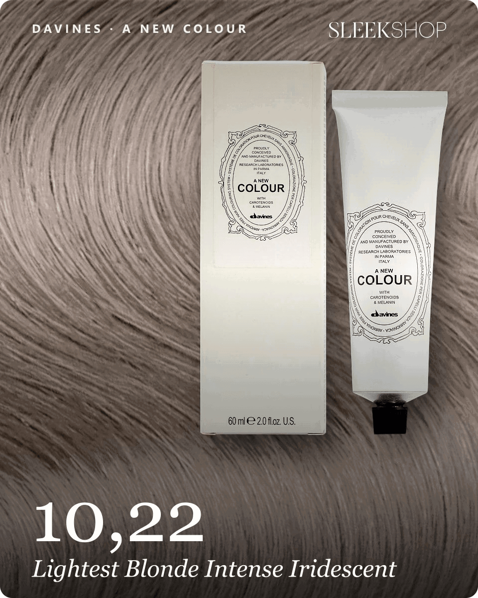 davines a new colour 10,22 lightest blonde intense iridescent hair color -- shade swatch with product packaging