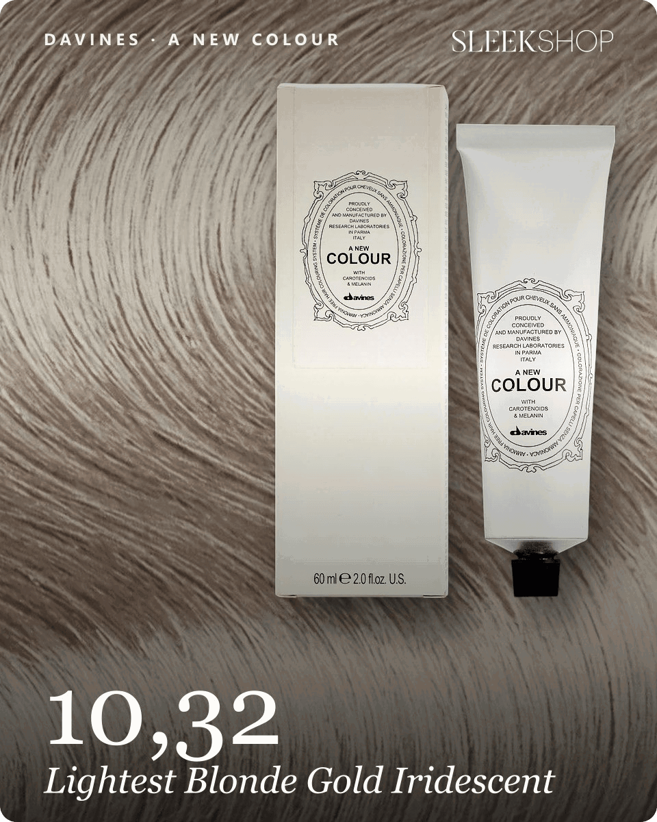 davines a new colour 10,32 lightest blonde gold iridescent hair color -- shade swatch with product packaging