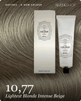 davines a new colour 10,77 lightest blonde intense beige hair color -- shade swatch with product packaging davines a new colour 10,77 lightest blonde intense beige hair color -- shade swatch with product packaging