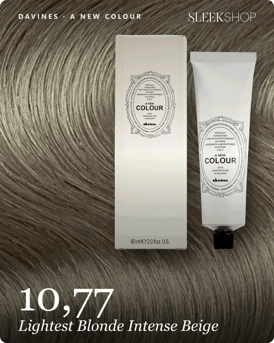 davines a new colour 10,77 lightest blonde intense beige hair color -- shade swatch with product packaging davines a new colour 10,77 lightest blonde intense beige hair color -- shade swatch with product packaging