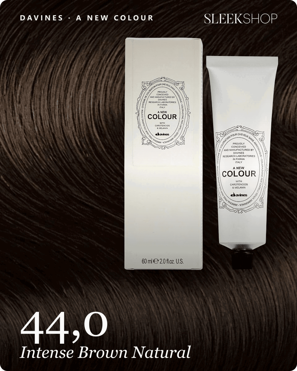 davines a new colour 44,0 intense brown natural hair color -- shade swatch with product packaging