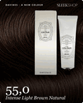 davines a new colour 55,0 intense light brown natural hair color -- shade swatch with product packaging davines a new colour 55,0 intense light brown natural hair color -- shade swatch with product packaging