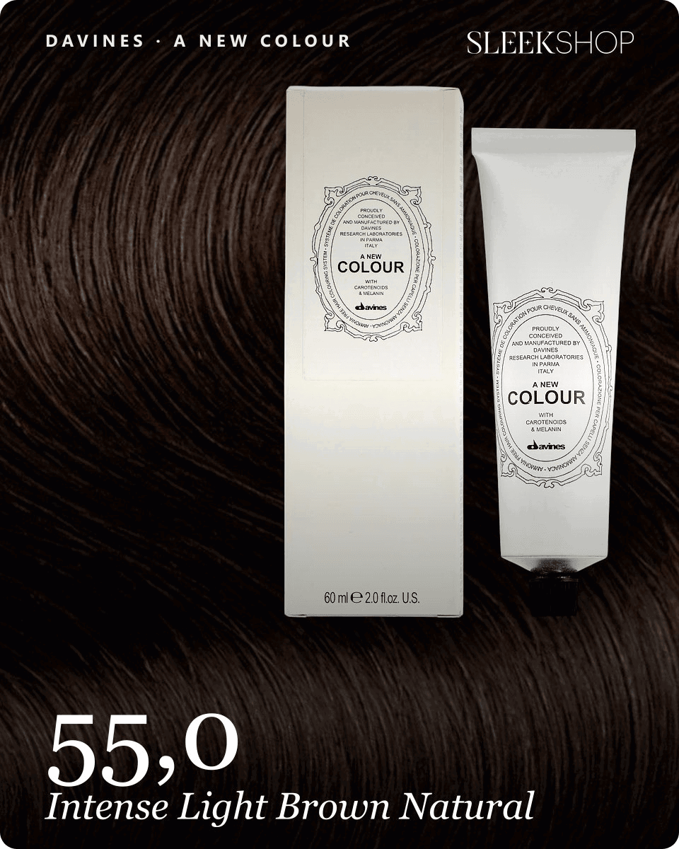davines a new colour 55,0 intense light brown natural hair color -- shade swatch with product packaging davines a new colour 55,0 intense light brown natural hair color -- shade swatch with product packaging