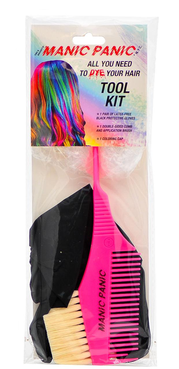 manic panic tool kit that comes with a brush, black gloves and a hair cap