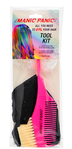 manic panic tool kit that comes with a brush, black gloves and a hair cap
