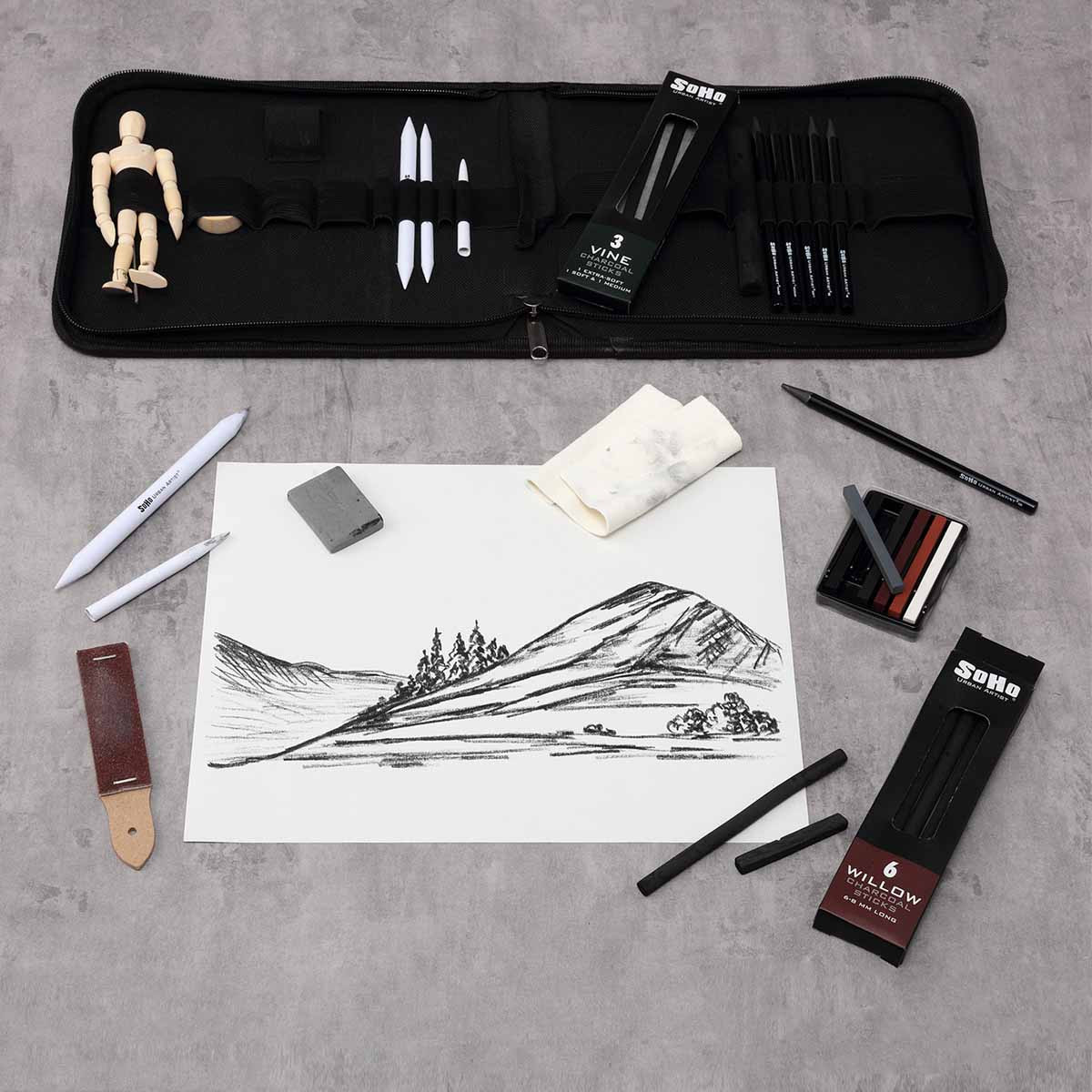 SoHo Charcoal Drawing Set + Mannequin in Zipper Case