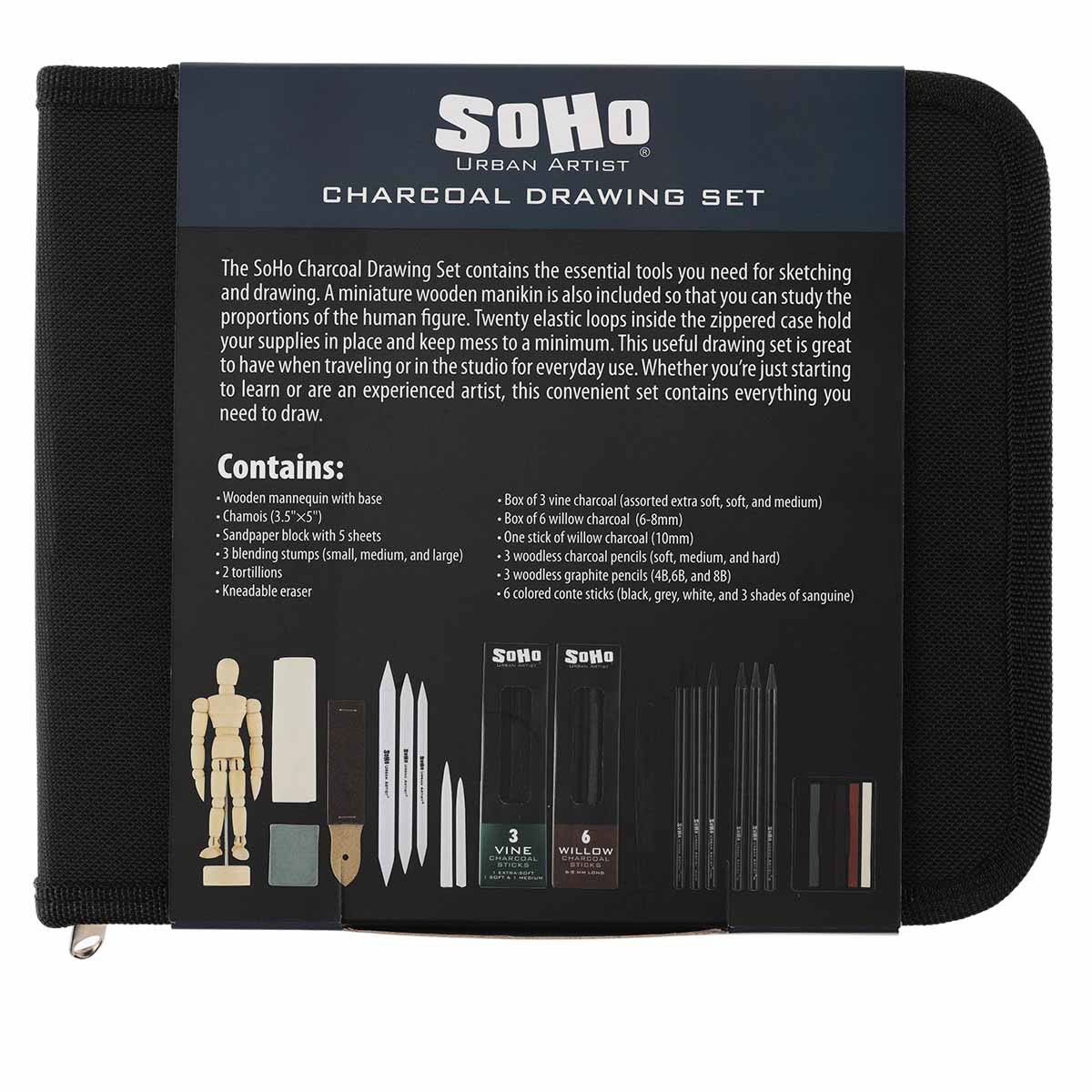 SoHo Charcoal Drawing Set + Mannequin in Zipper Case