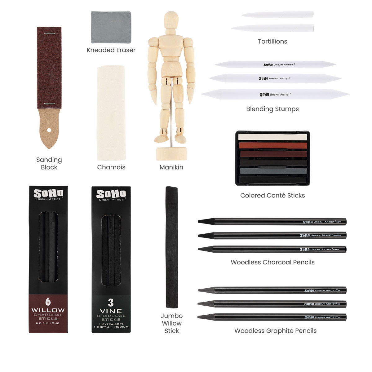 SoHo Charcoal Drawing Set + Mannequin in Zipper Case