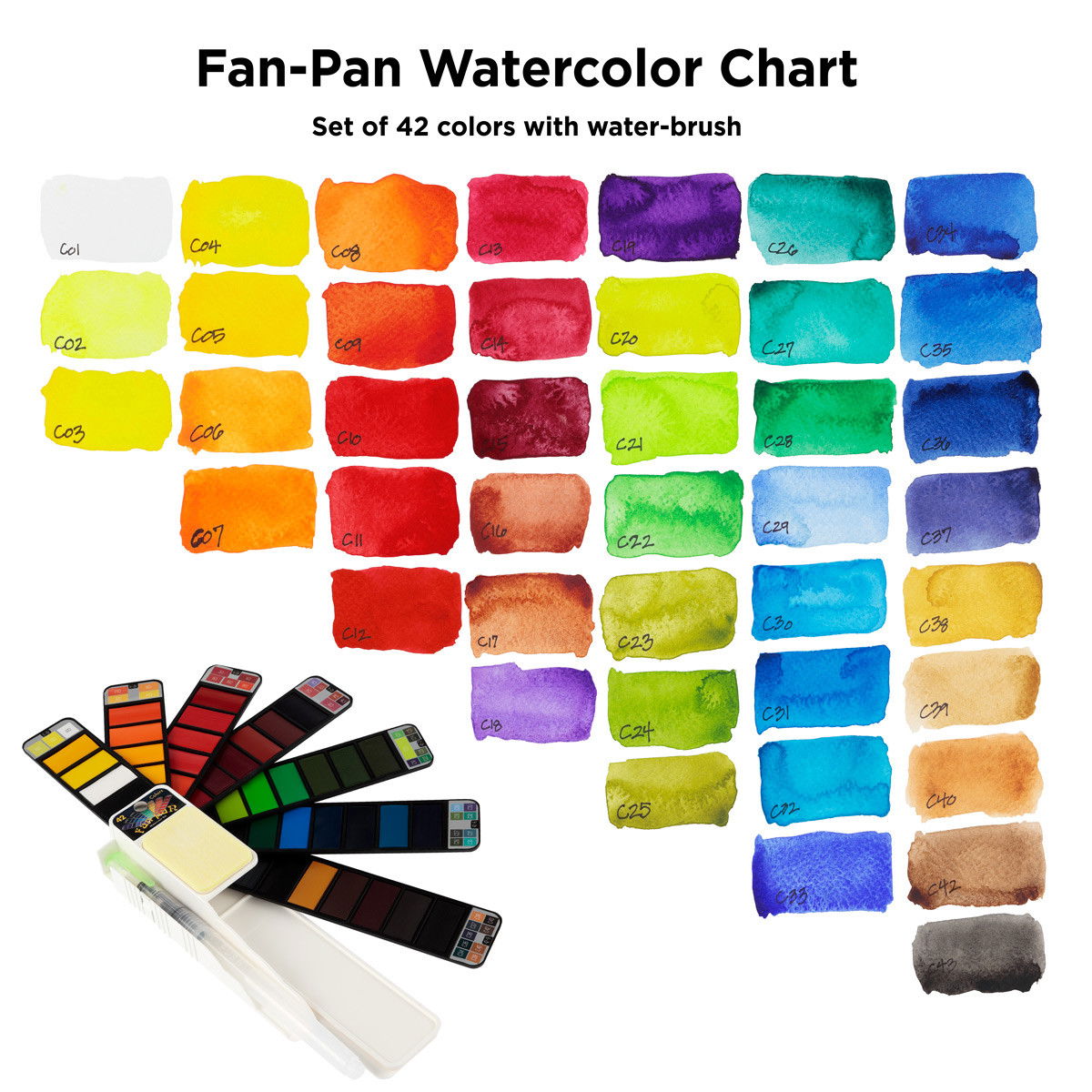 Creative Mark Fan-Pan Watercolor Set of 42 Thin Pans with Water Brush