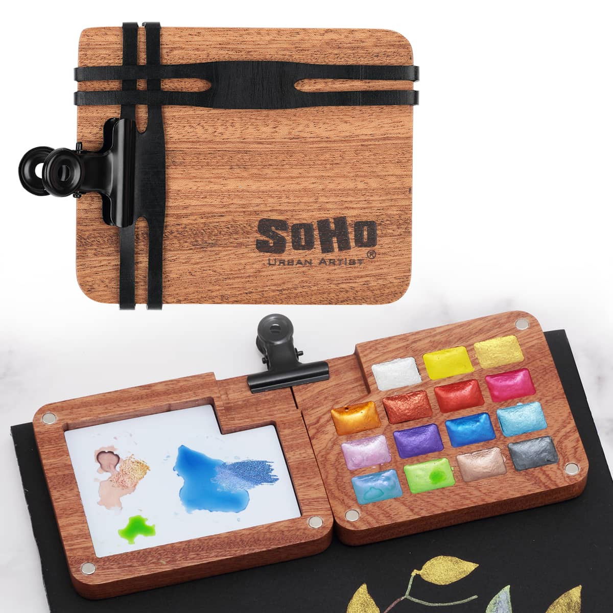 SoHo Watercolor Mini Wooden Travel Pan Set of 15 Metallic Colors