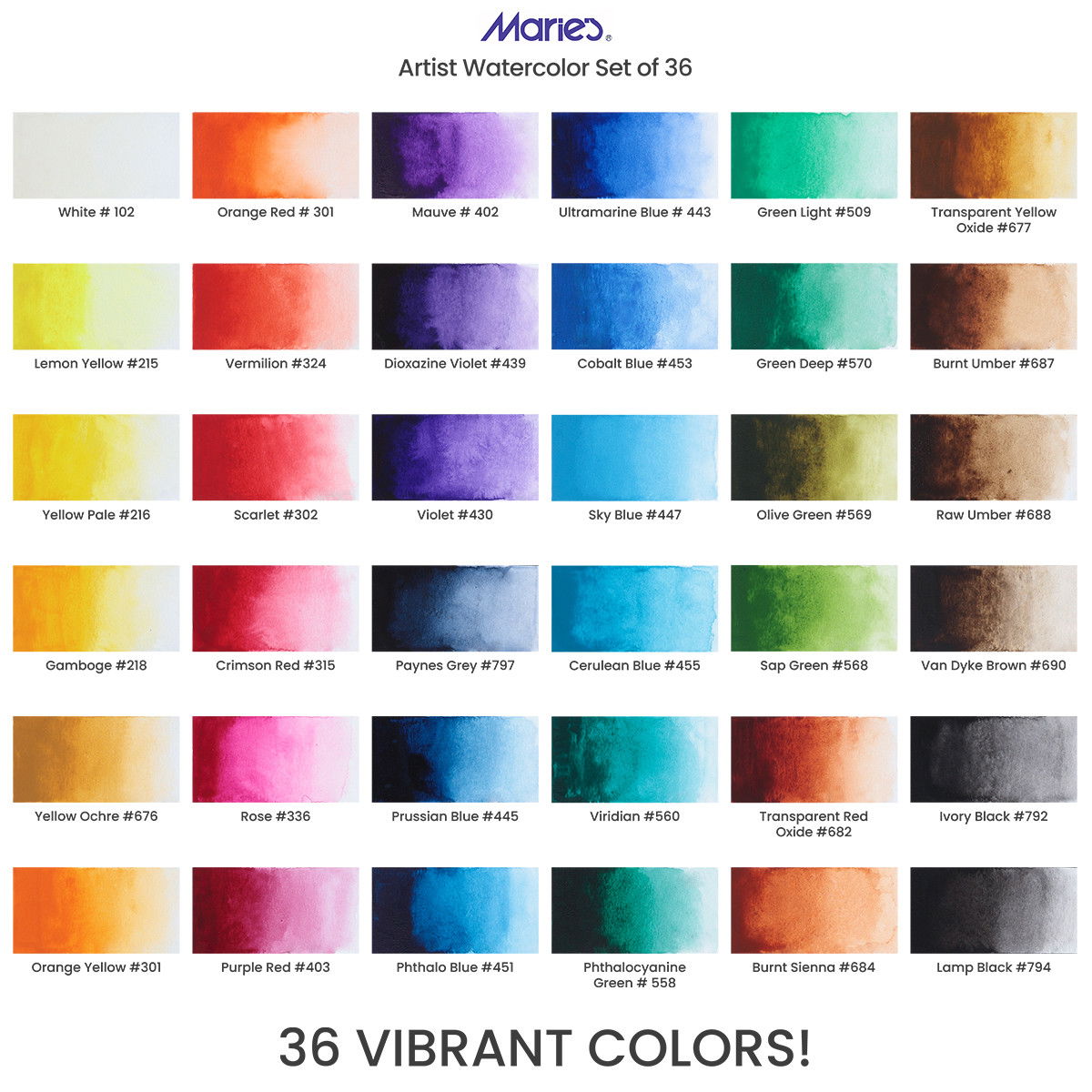 Maries Extra-Fine Watercolor Set of 36 Colors 12ml Tubes - (200035608)