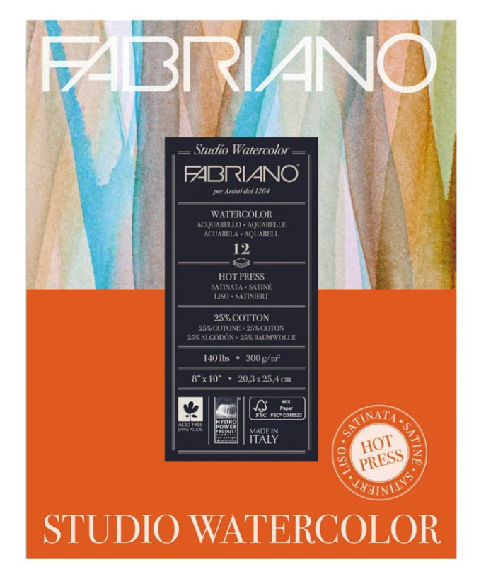 Fabriano Studio Watercolor 8"x10" 140 Hot Press Pad (12 Sheets)