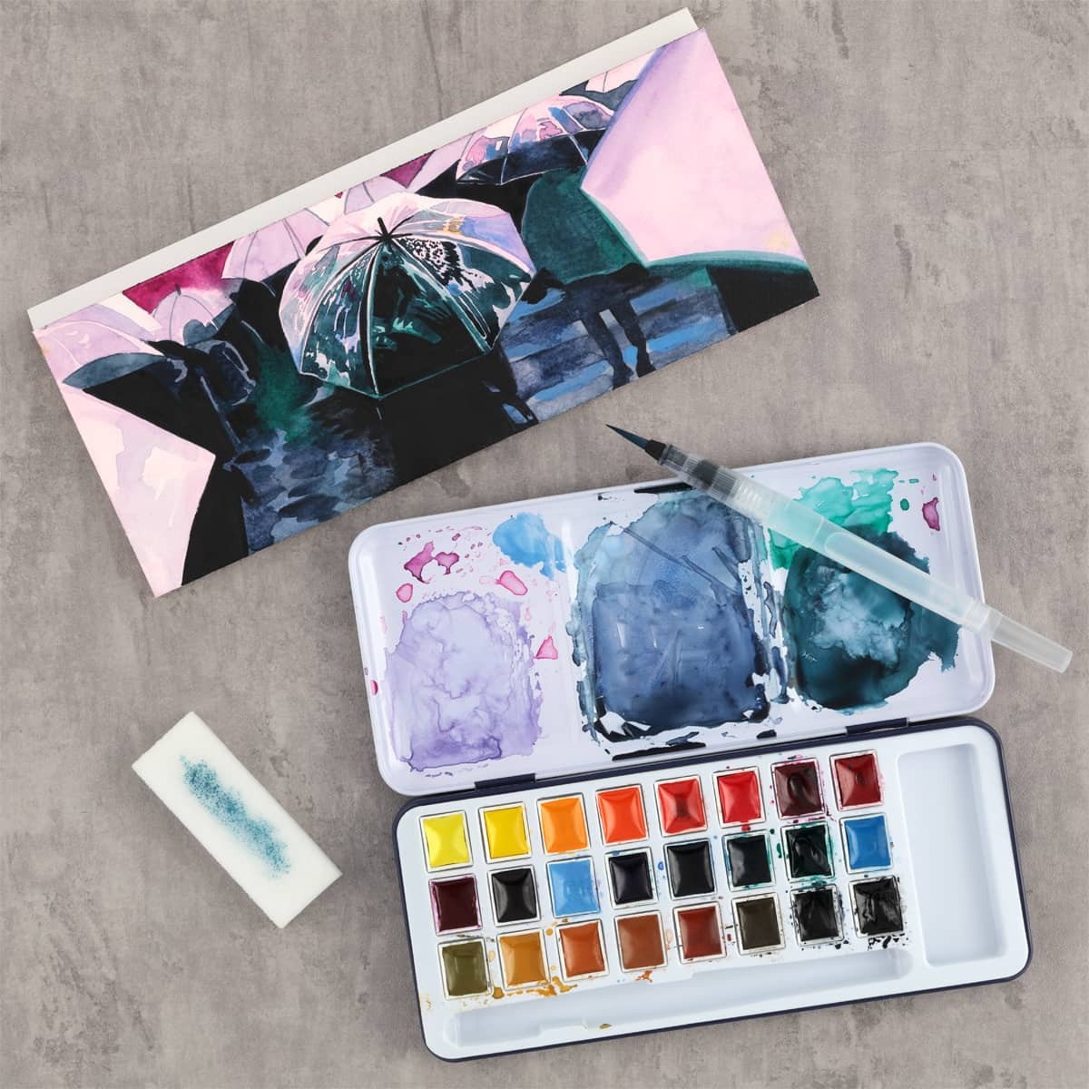 SoHo Semi-Moist Watercolor Half Pan 24 Set with Brush and Sponge - (92065)