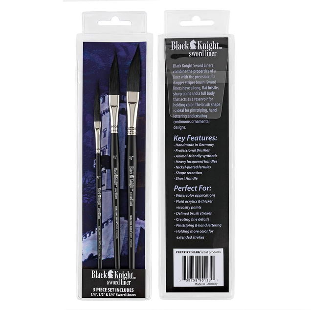Black Knight Synthetic Short Handle Sword Liner Brush 3 Set - (90123) Black Knight Synthetic Short Handle Sword Liner Brush 3 Set - (90123)