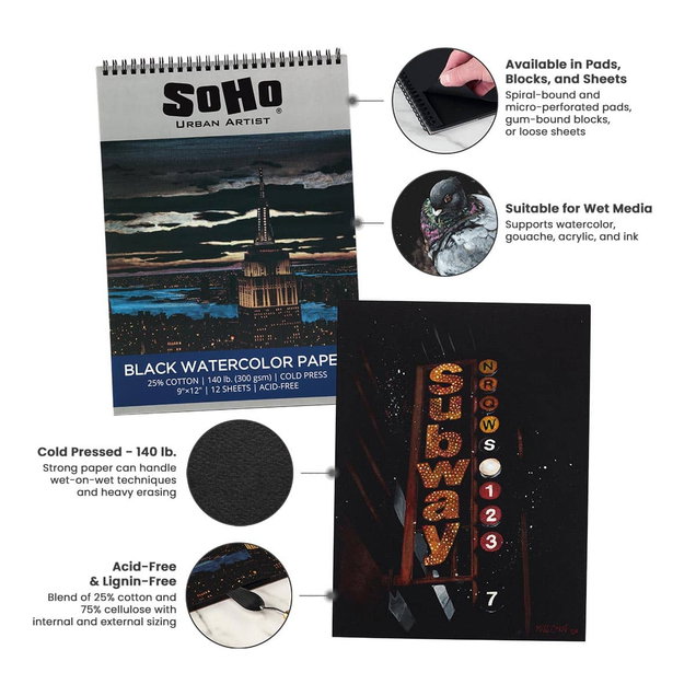 SoHo Urban Artist Black Watercolor Blocks, Pads, and Sheets SoHo Urban Artist Black Watercolor Blocks, Pads, and Sheets
