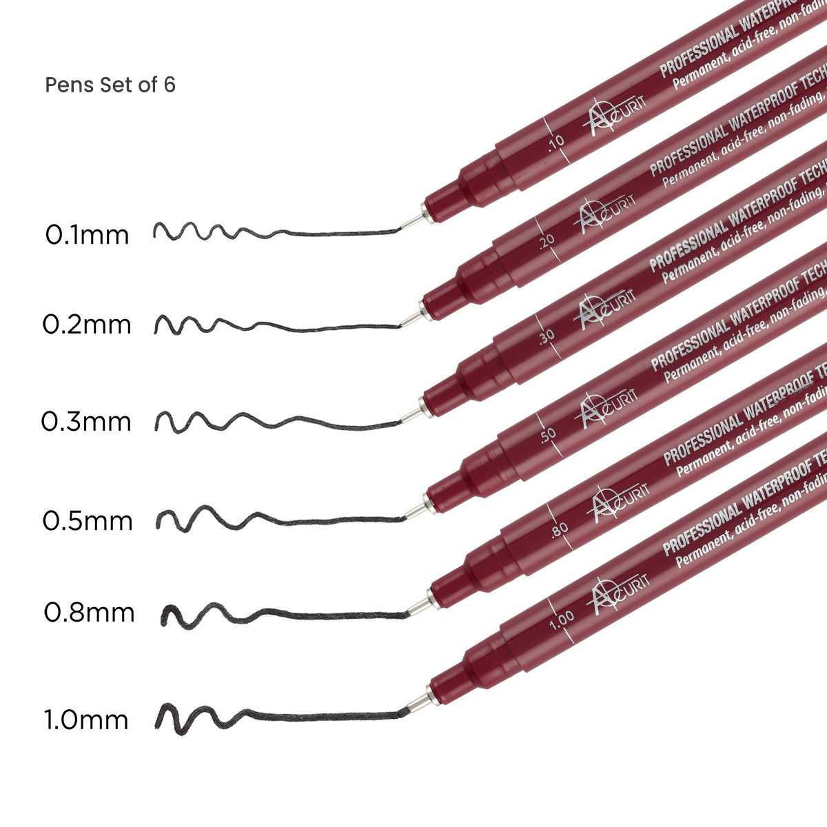 Acurit Waterproof Ink Drawing Technical Pen Set of 6