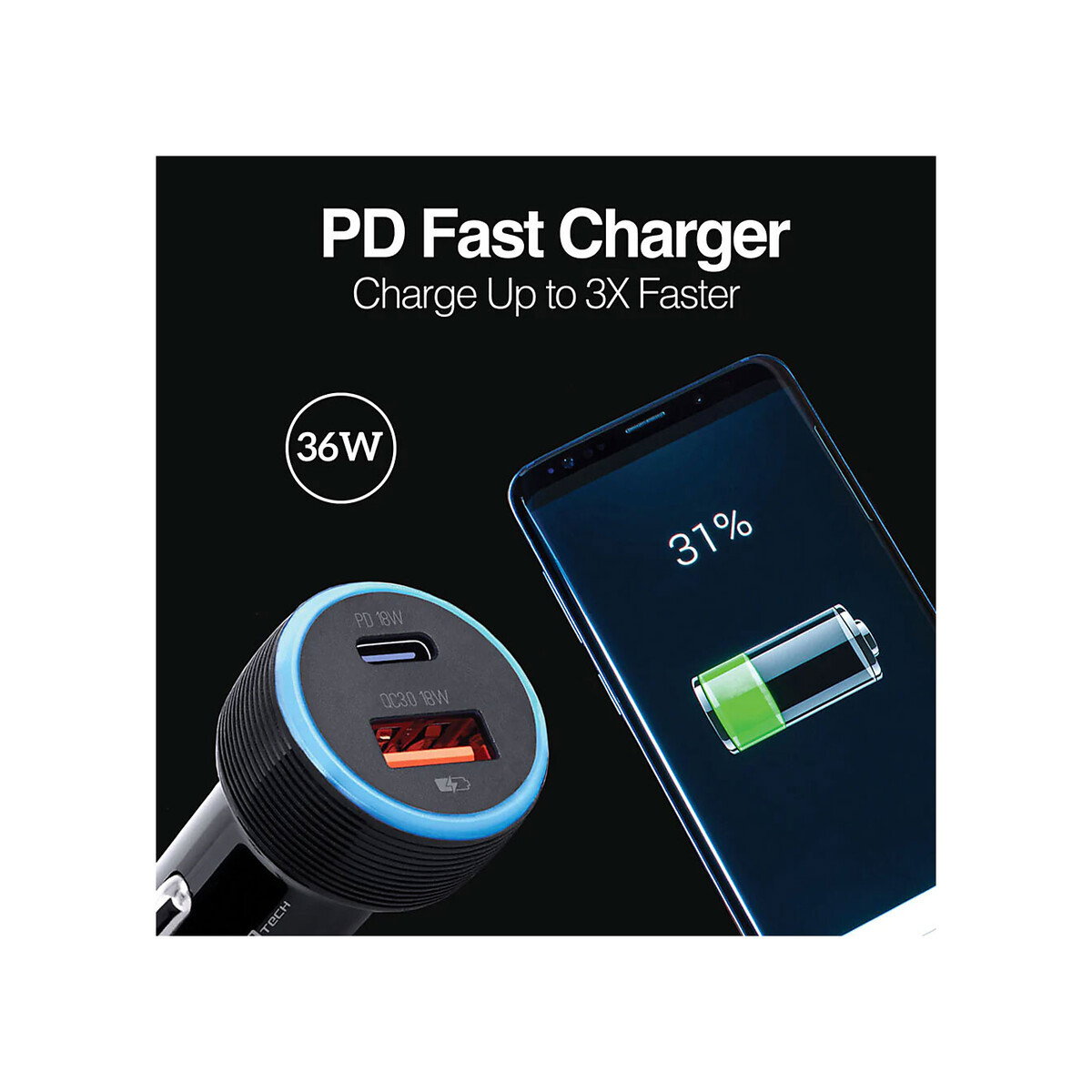 Argomtech - Car Charger, 36W, Dual Type-C and USB, Black