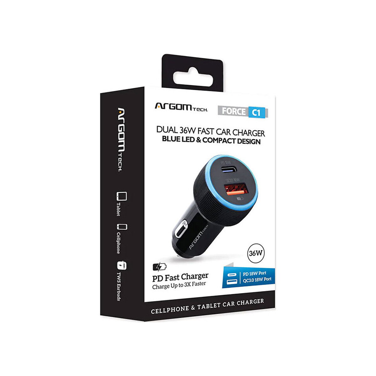 Argomtech - Car Charger, 36W, Dual Type-C and USB, Black