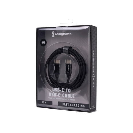 ChargeWorx Nylo-Tuff USB-C 60W Charging Cable (Black, 6')