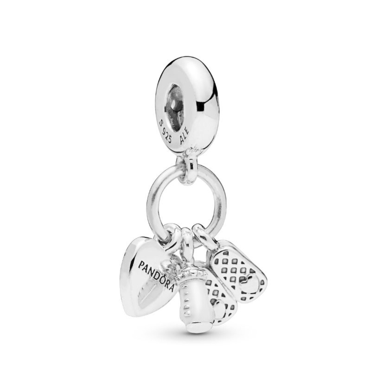 Shoes, baby bottle and heart silver dangle with clear cubic zirconia and white enamel