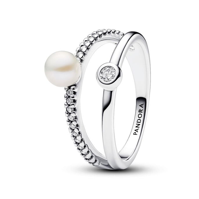 Treated Freshwater Cultured Pearl & Pave Double Band Ring Treated Freshwater Cultured Pearl & Pave Double Band Ring