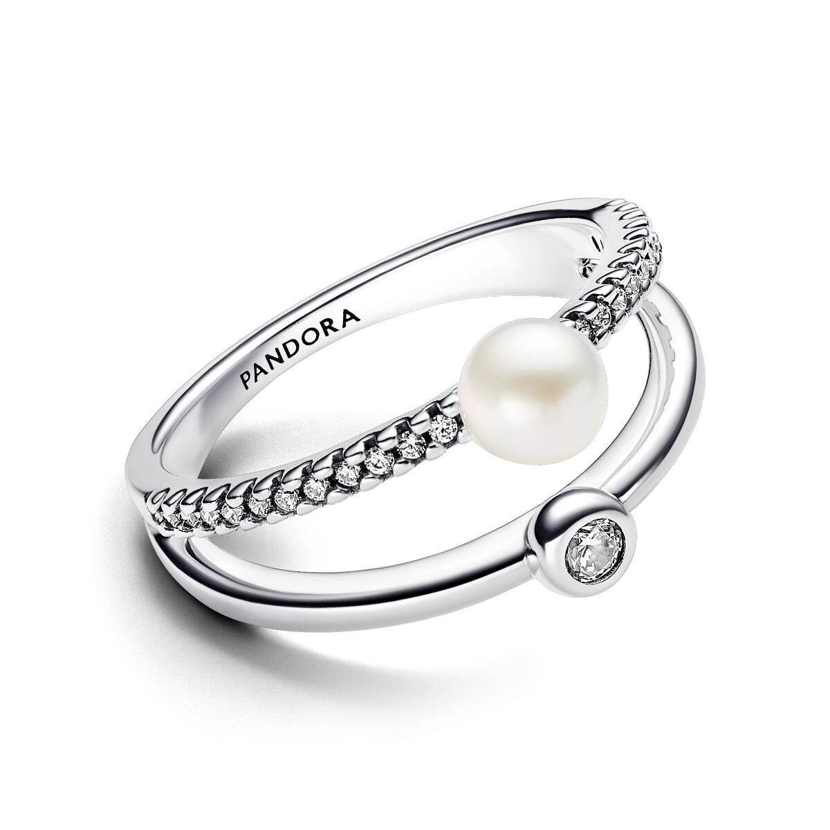 Treated Freshwater Cultured Pearl & Pave Double Band Ring