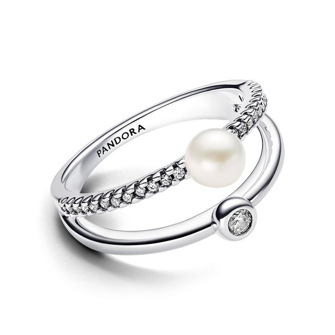 Treated Freshwater Cultured Pearl & Pave Double Band Ring Treated Freshwater Cultured Pearl & Pave Double Band Ring