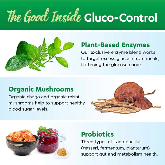 Gluco-Control Ingredients: Plant-based enzymes, Organic mushrooms, Probiotics