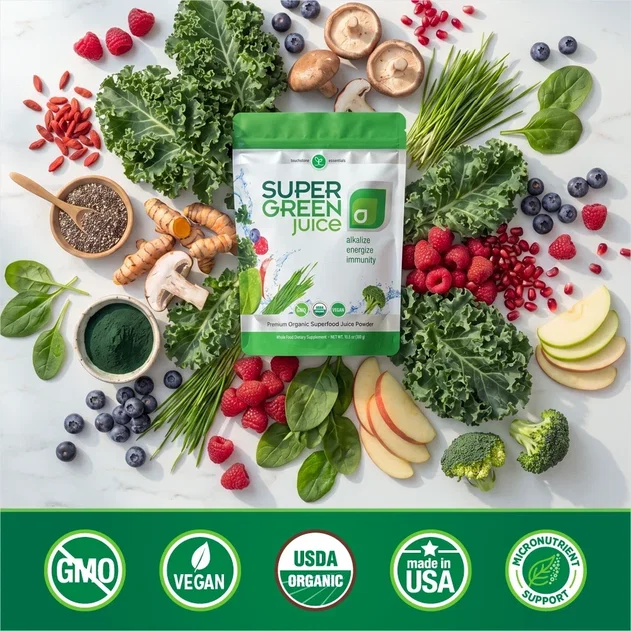 Super Green Juice is Non-GMO, Vegan, USDA Organic, and Made in the USA Super Green Juice is Non-GMO, Vegan, USDA Organic, and Made in the USA