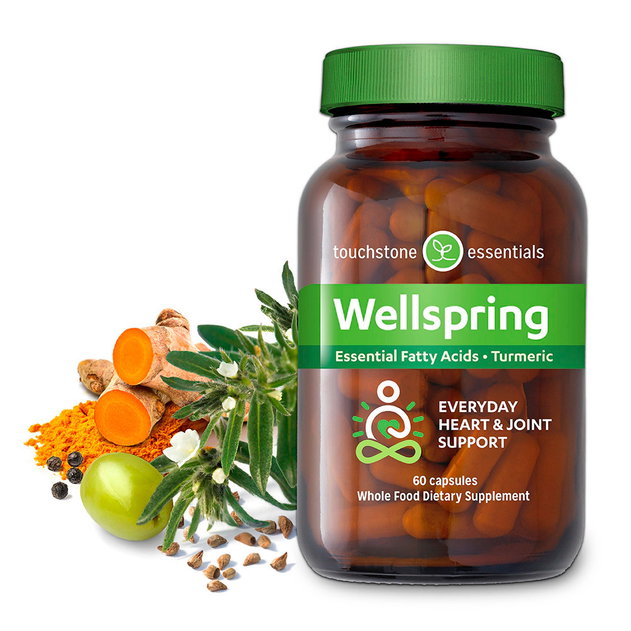 Wellspring supplement formulated with vegan omegas, organic turmeric, organic ginger, and organic olive extract.