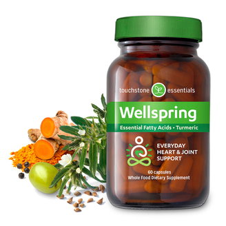 Wellspring supplement formulated with vegan omegas, organic turmeric, organic ginger, and organic olive extract.