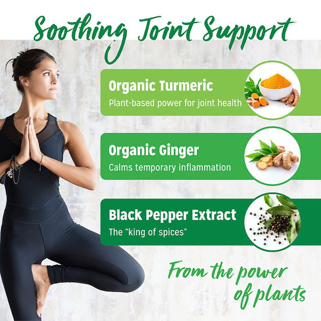 Soothing joint support from the power of plants with Wellspring featuring organic turmeric, organic ginger, and black pepper extract.